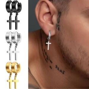 Trio of Cross Hoop Earrings in Black, Silver, and Gold pair